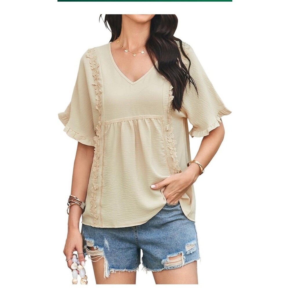 Casual V Neck Ruffle Sleeve T Shirts Babydoll Loose Fit Peplum Boho Beige Large